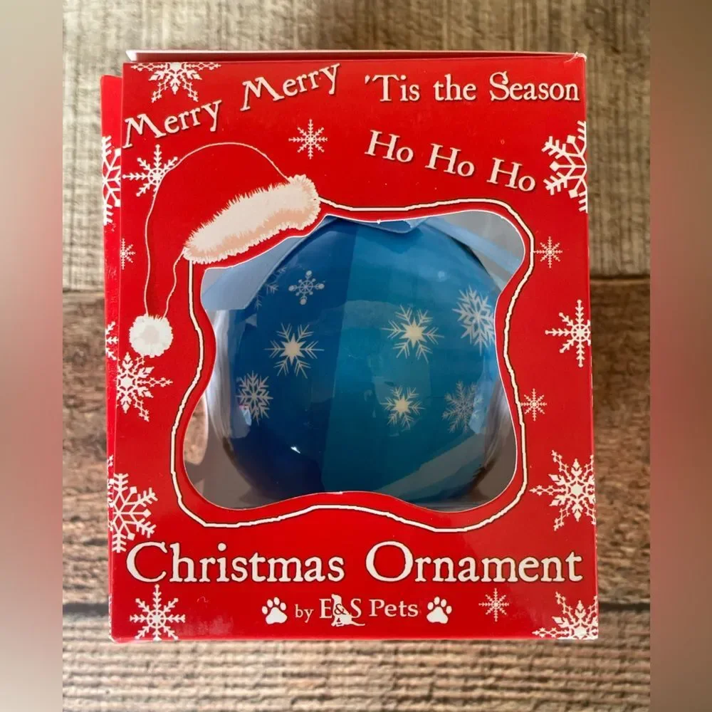 NEW- White Poodle Dog Christmas Ornament Blue Snowflakes Round  E&S Pets